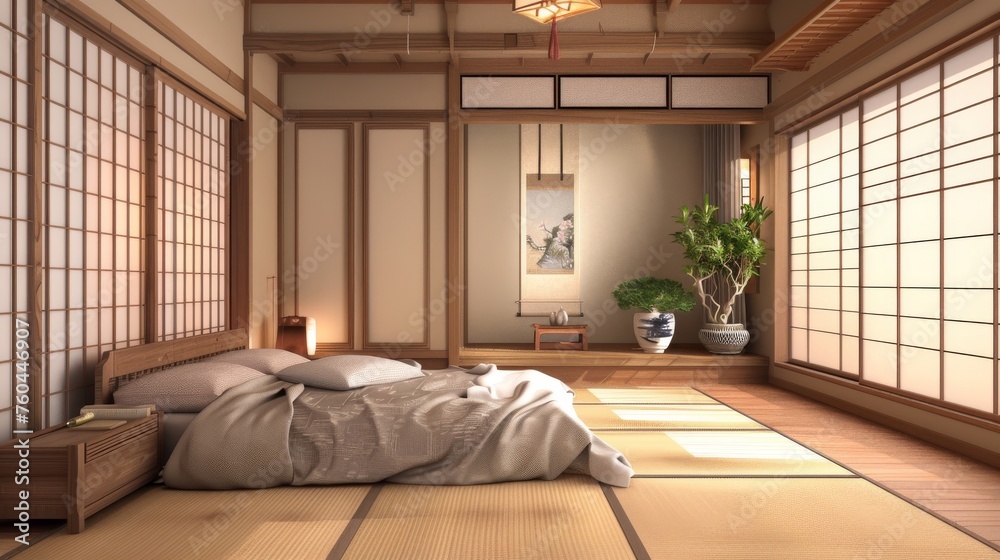 Obraz premium A serene traditional Japanese bedroom featuring tatami flooring, shoji screens, and natural wood accents bathed in warm sunlight.