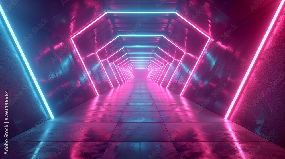 Fototapeta premium Abstract futuristic tunnel with neon lights and geometric patterns. Technology and innovation concept