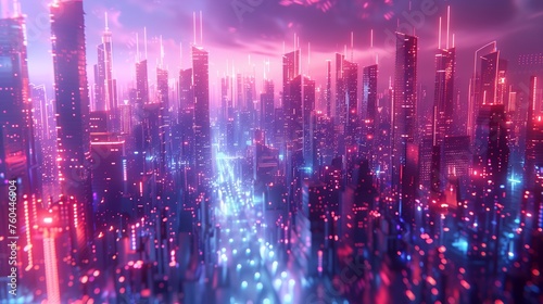 Abstract digital cityscape with skyscrapers and neon lights  representing urban development. Futuristic city concept.