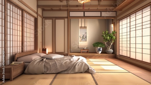 A serene traditional Japanese bedroom featuring tatami flooring, shoji screens, and natural wood accents bathed in warm sunlight.