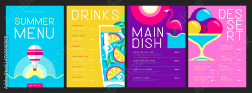 Retro summer restaurant menu design with cocktail, flamingo, ice cream and hot air balloon. Vector illustration