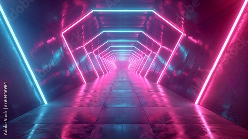 Abstract futuristic tunnel with neon lights and geometric patterns. Technology and innovation concept