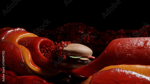 junk food. blood stream and cholesterol plaque, thrombus. health harm concept. Inside human body.