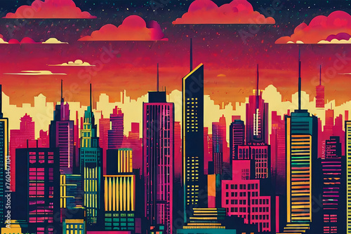 Vibrant metropolis. Risograph-style seamless pattern of city skyline. Dynamic and colorful urban design