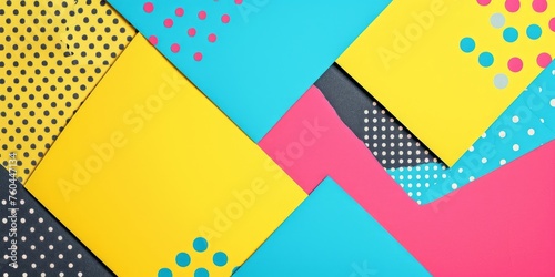 Texture background of fashion papers in memphis geometry style. Yellow, blue, pink colors, Generative AI 