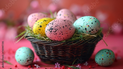 a basket filled with colorful speckled eggs on top of a pink table next to small pink and white flowers.