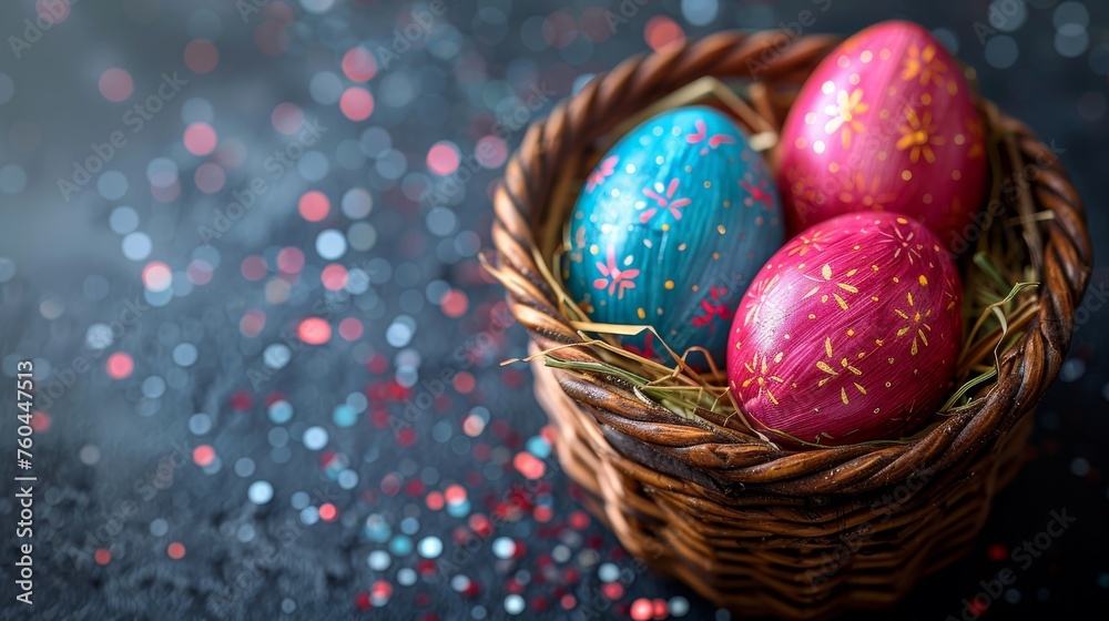 a basket filled with colorfully painted eggs on top of a black counter top next to confetti sprinkles. a basket filled with colorfully painted eggs on top of a black counter top next to confetti sprinkles.
