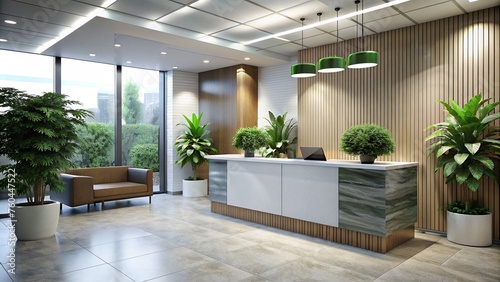 Green plant surrounding reception area inside modern office. Natural sustainable office space