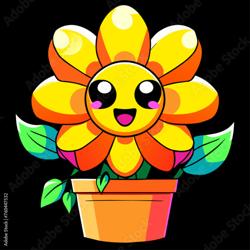 Cute cartoon flower with a smiling face in a pot.