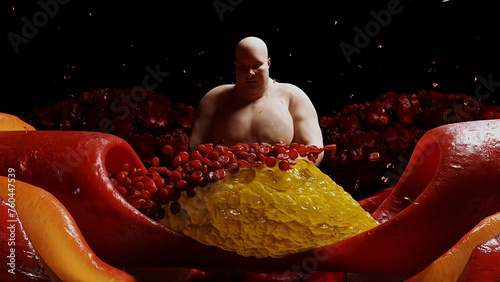 Fat man, blood stream and cholesterol plaque, thrombus. health harm concept. Inside human body. 3d rendering