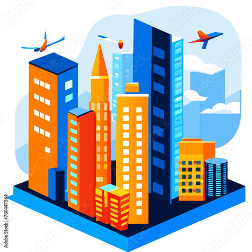 A colorful isometric illustration of a cityscape with tall buildings, a plane flying overhead, and a cloudy blue sky.