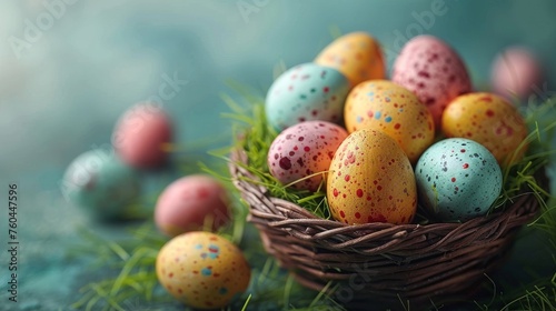 a basket filled with eggs sitting on top of a green grass covered ground next to other colored eggs on top of a blue surface.