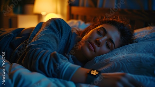 Person sleeping soundly in a comfortable bed with a sleep tracker on their wrist, illustrating the importance of quality sleep for overall health, Sleep tracking for better health concept photo