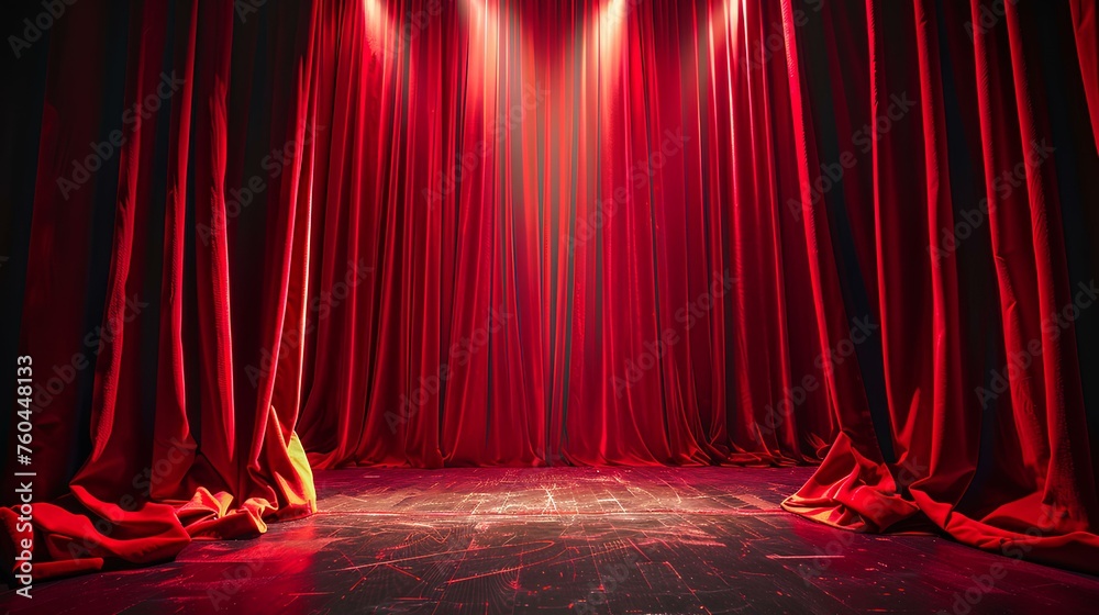 Red stage curtains adorn a theater stage, creating an ambiance for entertainment and artistic presentations with spotlight highlighting the scene - obrazy, fototapety, plakaty 