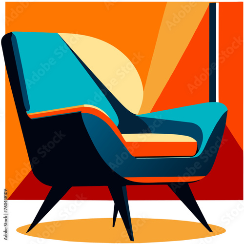 A blue, yellow, and red armchair on a colorful background.