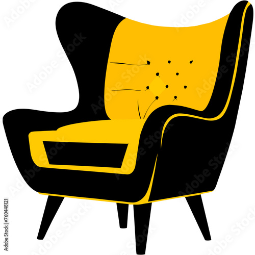 Yellow and black armchair with buttoned tufted upholstery and four legs.