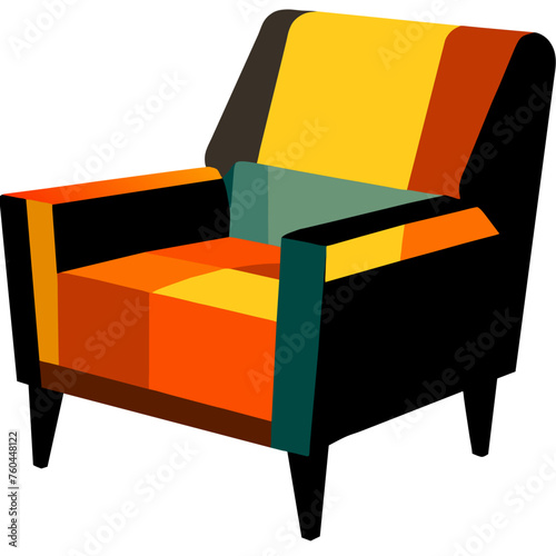 Colorful armchair with black frame and wooden legs.