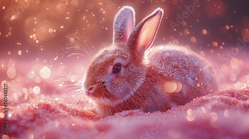 a close up of a rabbit laying on a bed of snow with a blurry background and boke of light.