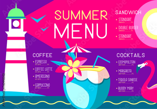 Retro summer restaurant menu design with flamingo, lighthouse and pina colada cocktail. Vector illustration