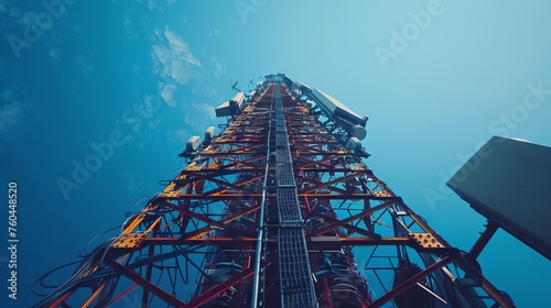 the construction of a television transmitter tower seen from below
