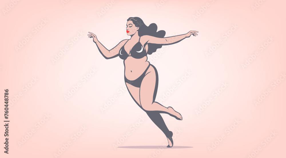 Vector concept of body positivity and diversity. Carefree chic curvy beautiful dancing young lady with closed eyes and red lips in a dark bikini swimsuit.