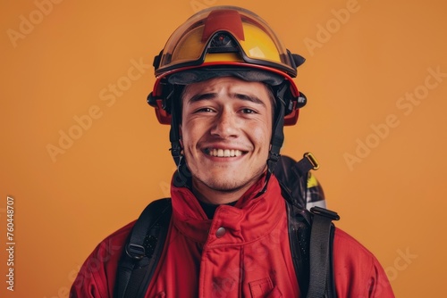 Confident firefighter in full gear smiling against a vibrant orange background