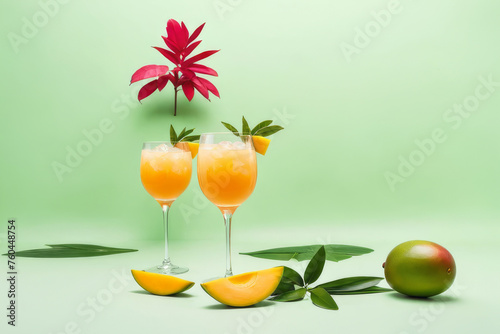 Summery mangonada beverages adorned with luscious mango pieces set against a bright green canvas.