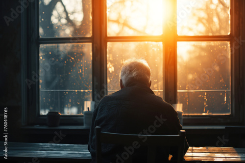 Elderly man sitting alone facing window light photo