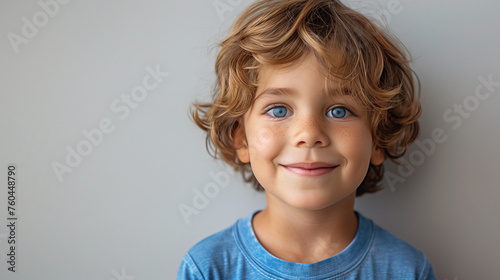 Portrait of a cheerful young boy with bouncy curls and bright blue eyes, wearing a crisp blue t-shirt, exuding youthful joy and innocence.