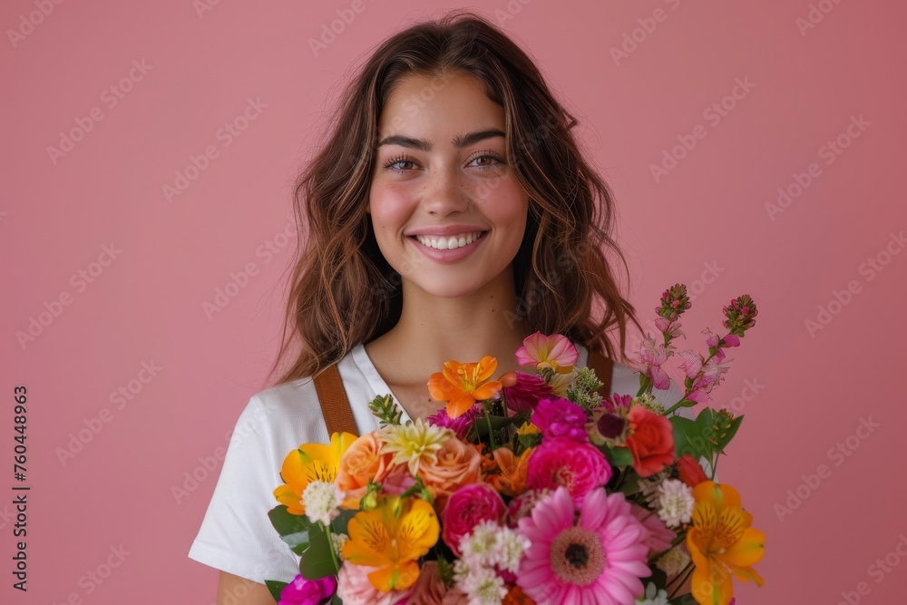 Professional florist holding a vibrant bouquet against a pink background