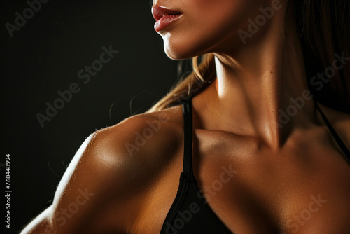 Strong muscular female posing against black background, cropped close up shot photo