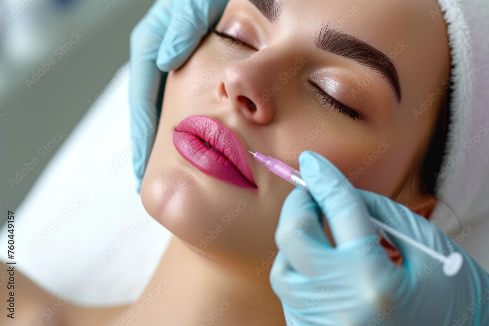 Beautician is contouring the woman's lips with hyaluronic acid filler Beautician is contouring the woman's lips with hyaluronic acid filler