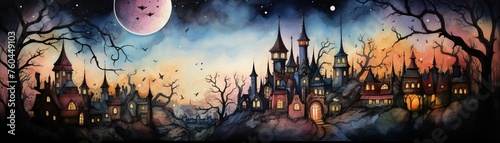 Witch's familiars spying on the castle inhabitants, twilight, eye level, covert observerswater color, drawing, vibrant color, cute photo