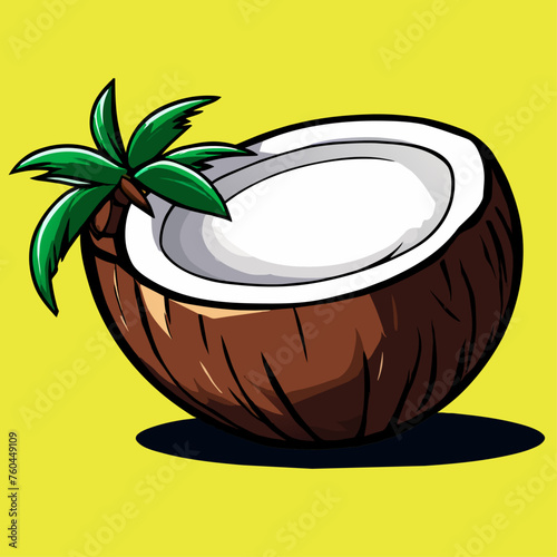 A half coconut with a palm frond behind it.