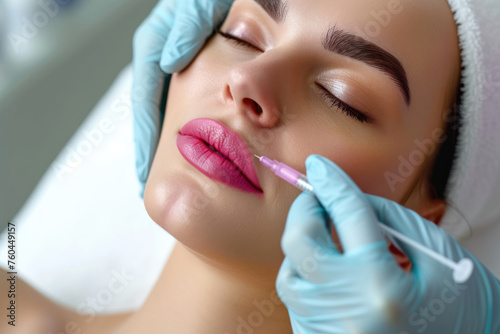 Beautician is contouring the woman's lips with hyaluronic acid filler photo