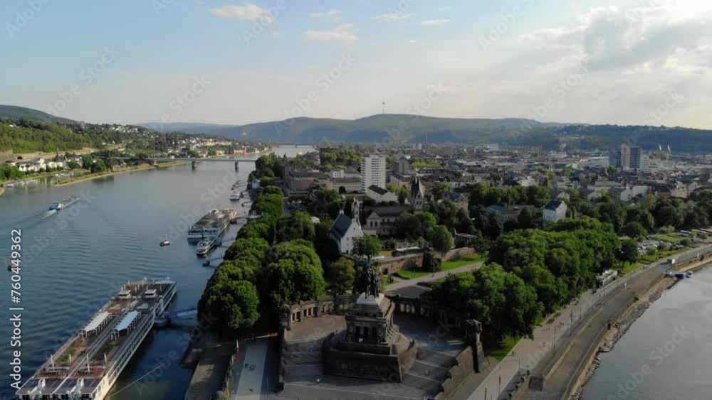 Deutsches Eck or German Corner headland in Koblenz, where the Mosel River joins the Rhine in Koblenz Germany during sunset, Drone aerial view Deutsches Eck or German Corner headland in Koblenz, where the Mosel River joins the Rhine in Koblenz Germany during sunset, Drone aerial view