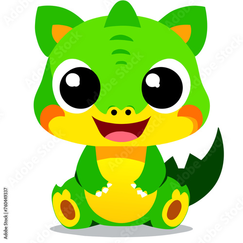 Cute green dragon with big eyes and a toothy grin sitting on a white background.