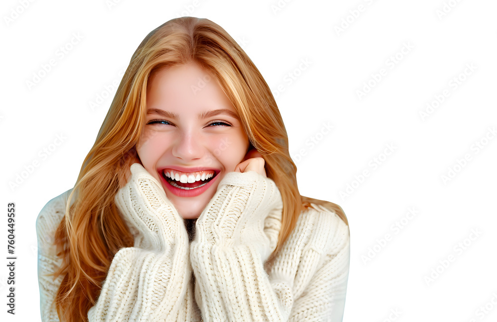 Delighted young woman with red hair, wrapped in a thick white scarf, laughing against a png background.
