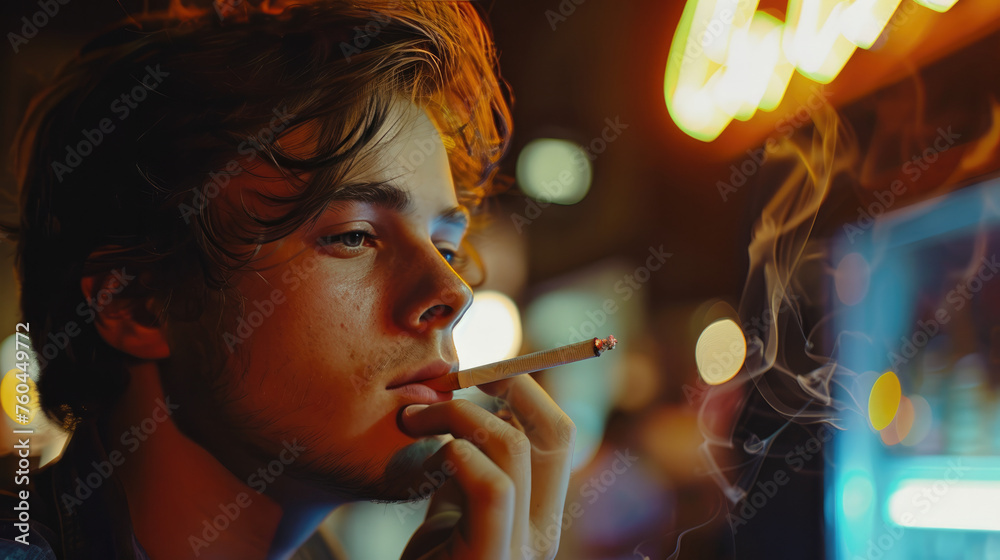 Fototapeta premium A young man is smoking a cigarette outside a bar