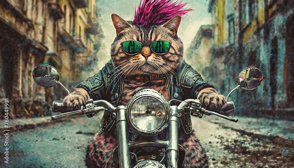 A punk style cat with mohawk hair rides a motorcycle - obrazy, fototapety, plakaty 