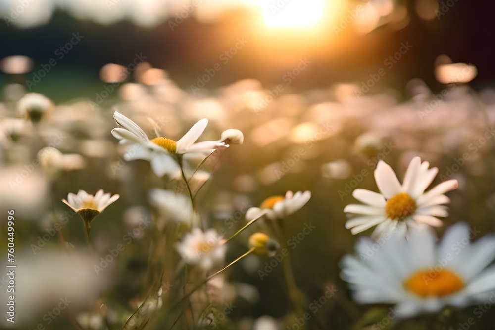 Magical Wild flower field moving in the wind with beautiful sunlight. White daisy meadow in sunset lights. Field of white daisies in the wind swaying close up. Concept: nature, flowers, spring, Genera - obrazy, fototapety, plakaty 