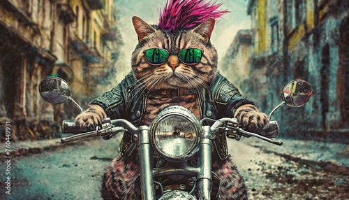 A punk style cat with mohawk hair rides a motorcycle