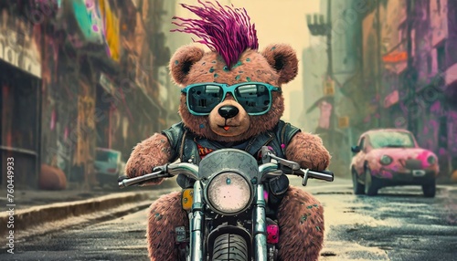 A punk style teddy bear with mohawk hair rides a motorcycle photo