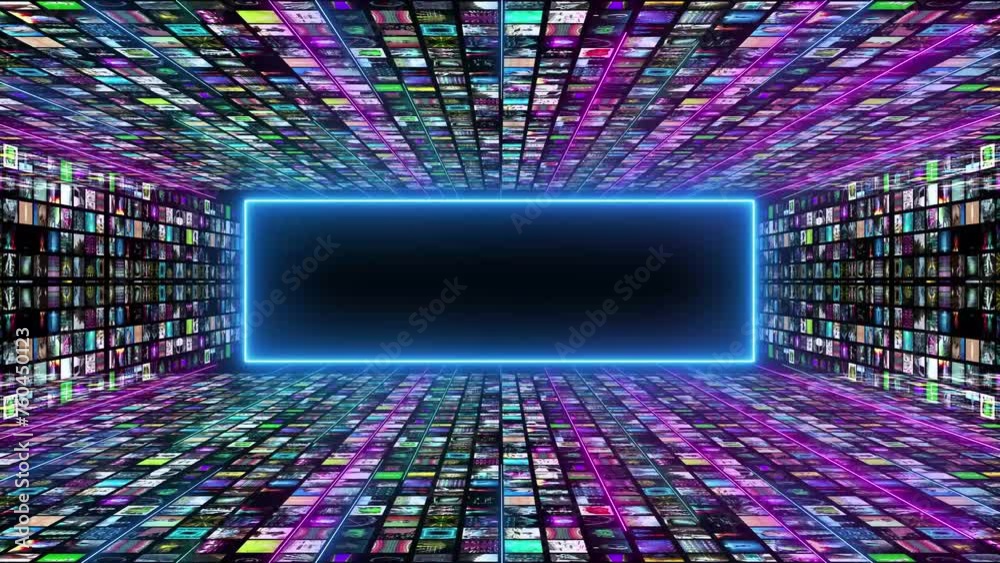 intro and outro animation with neon beam rectangle glowing with video collage with tehcnology theme around. Abstract digital backdrop