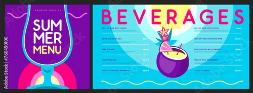Retro summer restaurant cocktail menu design. Vector illustration
