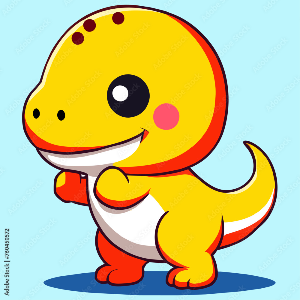 Cute cartoon yellow dinosaur with red and white accents standing on a blue background.