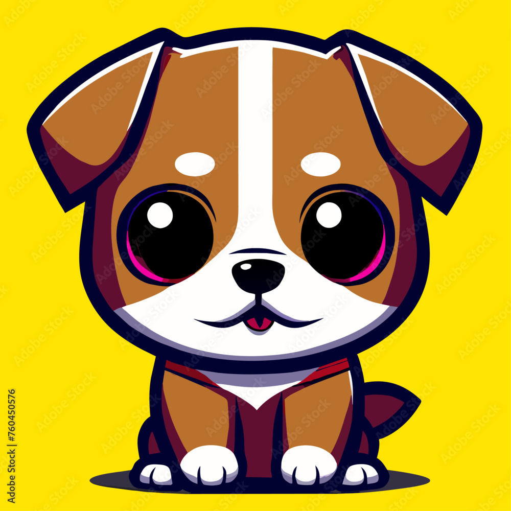 Obraz premium A cute cartoon puppy with brown fur, big eyes, and a white stripe on its head, sitting on a yellow background.