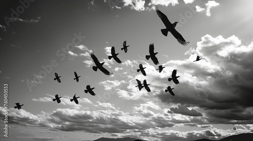 Flock of migrating birds flying