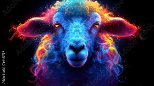 a close up of a sheep's face with fire coming out of it's ears and a black background. © Nadia
