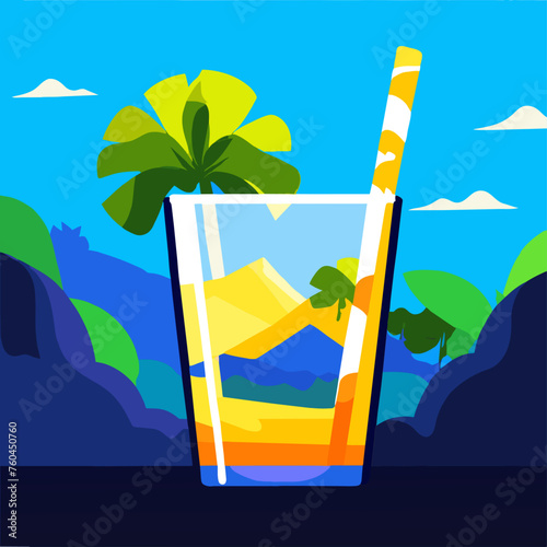Glass of orange juice with a straw and a palm tree in the background.